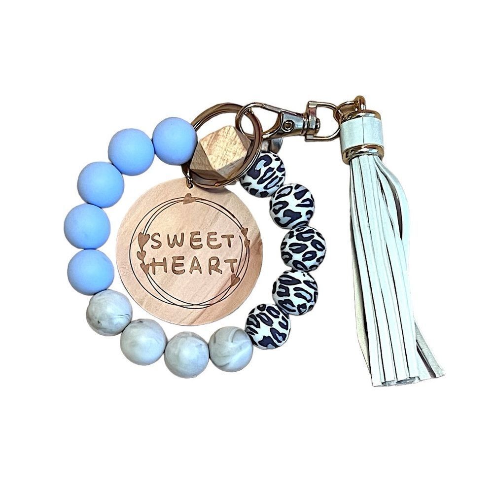 🤯5/$25🤯 Women’s Beaded Bracelet Keychain With Tassel Blue Leopard NWT